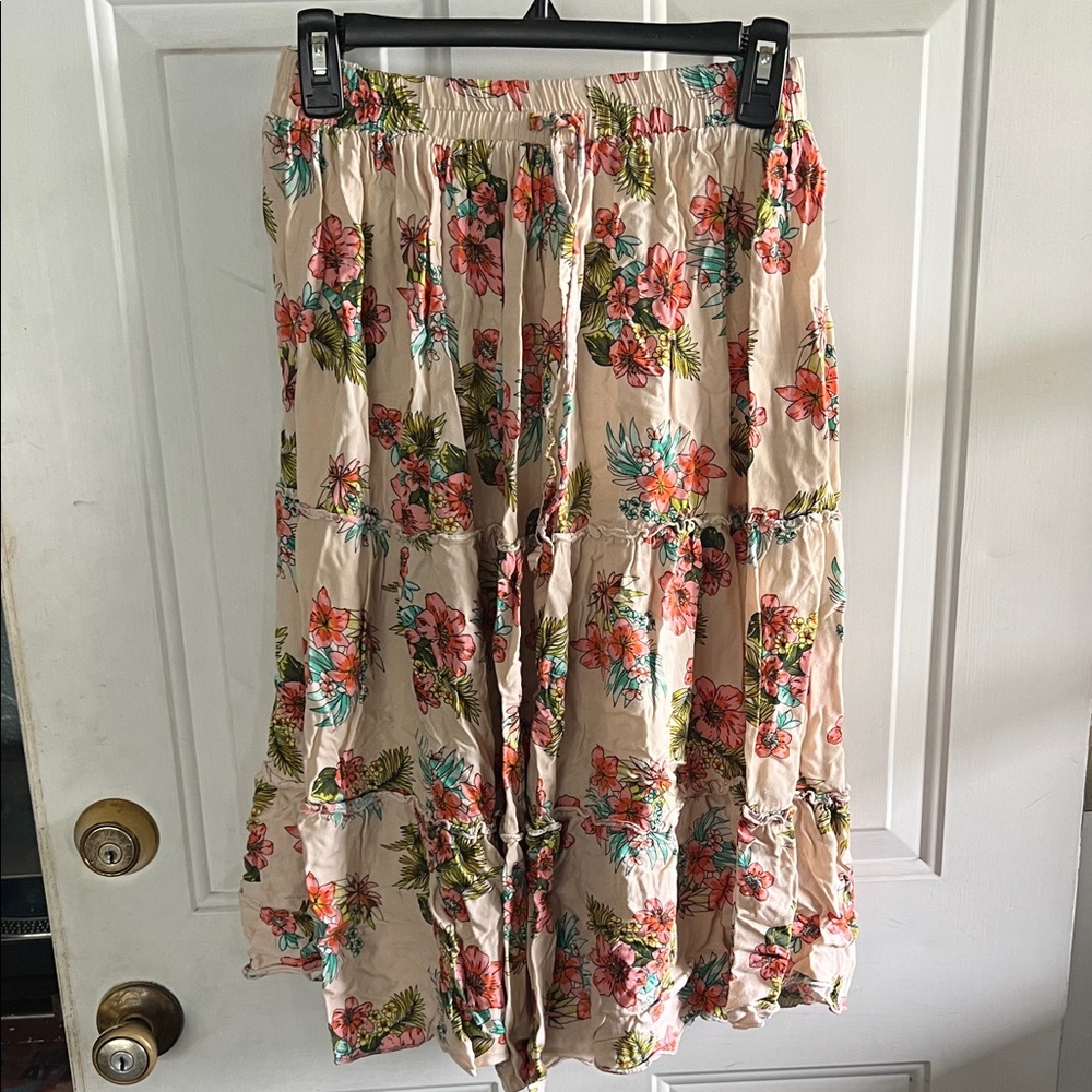 Tropical Floral Print Drawstring Flowy Skirt